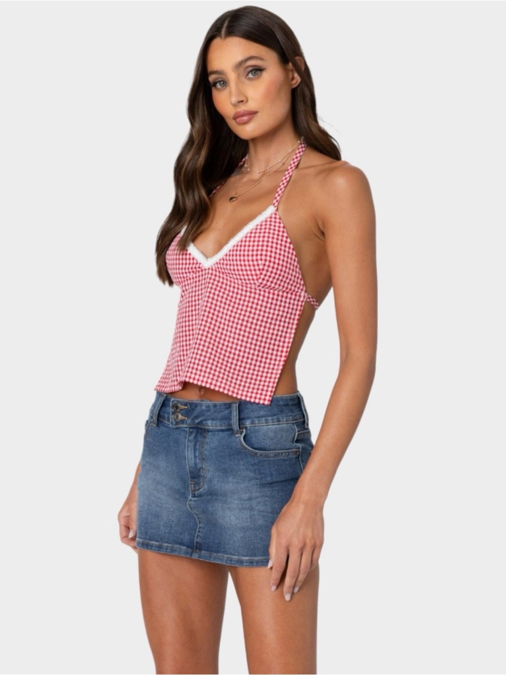 Edikted Red Gingham Halter Cami with White Lace Trim